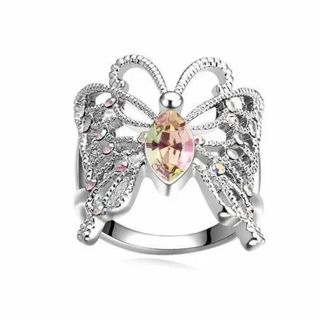 Anillo de mariposa en acero chapado plata con cristales rosa y circonitas blancas incrustadas
