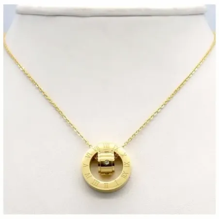 Colgante circular de acero pulido con grabado de números romanos en diseño minimalista