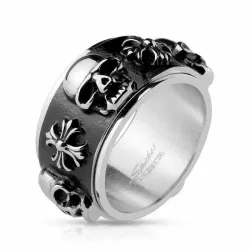 Anillo para personas inquietas giratorio con diseño de calaveras en acero inoxidable con acabado envejecido
