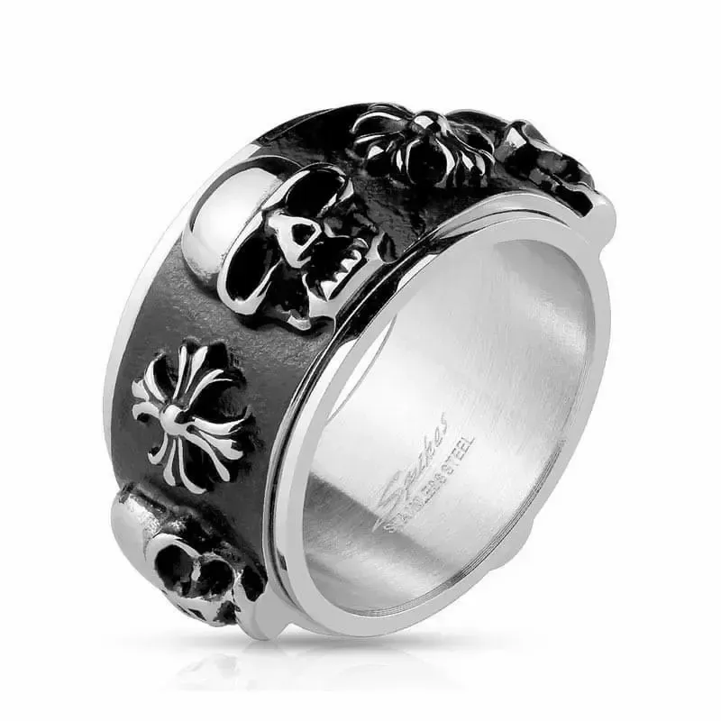 Anillo para personas inquietas giratorio con diseño de calaveras en acero inoxidable con acabado envejecido