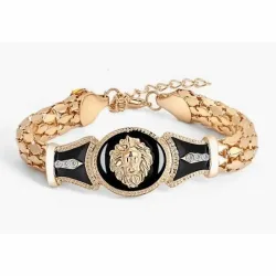 Pulsera masculina de cadena con colgante de cabeza de león en acero bañado en oro 18k