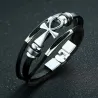 Brazalete masculino de cuero negro con placa de acero y cruz egipcia Ankh en relieve