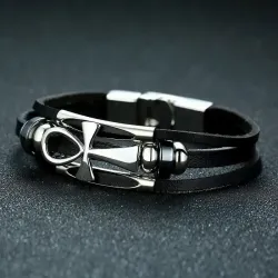 Pulsera de piel con cruz egipcia Ankh hombre | Bisujoya