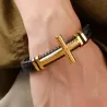 Pulsera de cuero cruz dorada hombre | Bisujoya