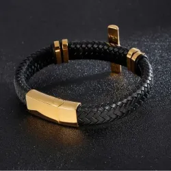 Pulsera de cuero cruz dorada hombre | Bisujoya
