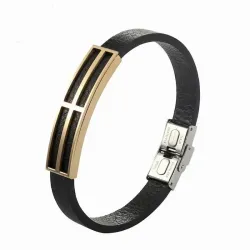 Pulsera masculina de cuero vacuno marrón con herrajes de acero inoxidable bañado en oro amarillo