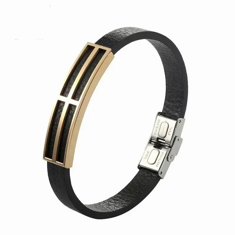 Pulsera masculina de cuero vacuno marrón con herrajes de acero inoxidable bañado en oro amarillo