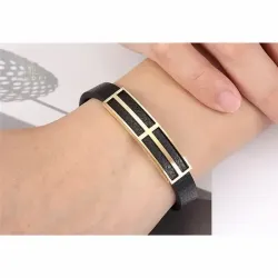Pulsera cuero vacuno y acero dorado hombre | Bisujoya