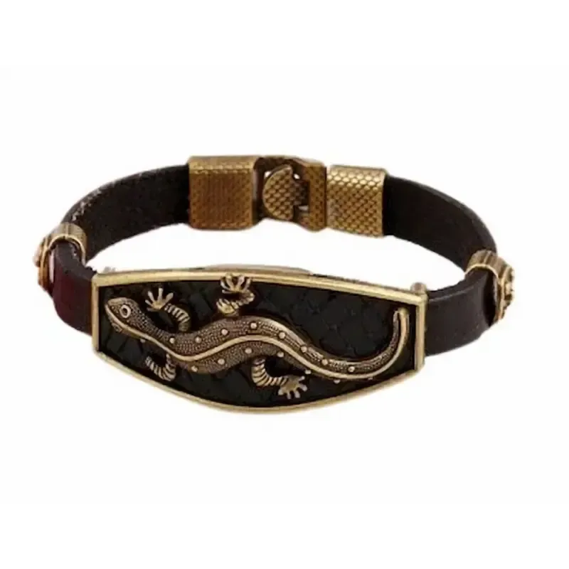 Pulsera femenina de piel legítima con grabado exótico de iguana y cierre de acero inoxidable