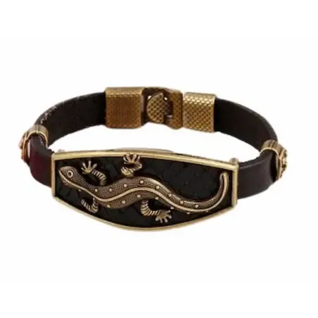 Pulsera femenina de piel legítima con grabado exótico de iguana y cierre de acero inoxidable