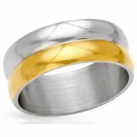Anillo de mujer con acabado mixto dorado y plateado sobre fondo neutro.