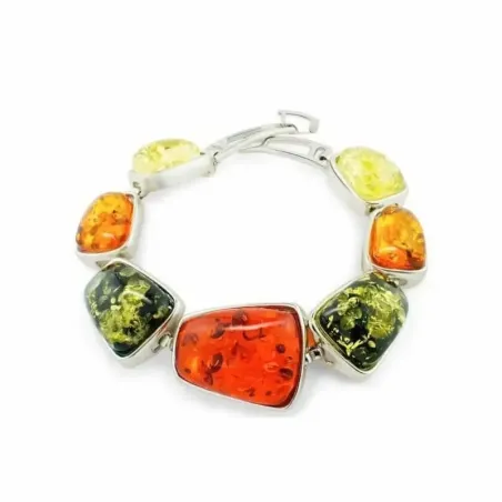 Pulsera de ámbar multicolor con cuentas en tonos cálidos sobre fondo neutro.