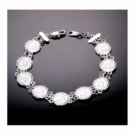Pulsera de mujer con monedas francesas de plata envejecida y cobre rosado.