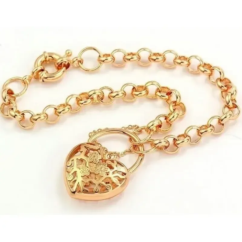 Pulsera cadena corazón acero chapado oro 18k eslabón 6mm candado 15x12mm