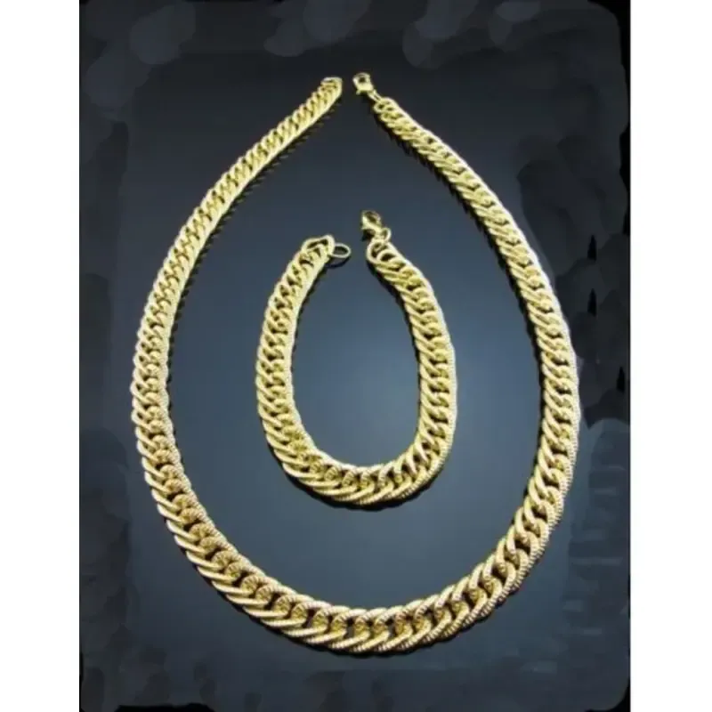 Conjunto de bisutería con collar y pulsera de cadenas doradas, mostrando su brillo y textura sobre un fondo neutro