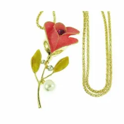Collar bisutería mujer con colgante flor rosa acero pulido y cadena plateada, sobre fondo blanco.
