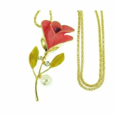Collar bisutería mujer con colgante flor rosa acero pulido y cadena plateada, sobre fondo blanco.