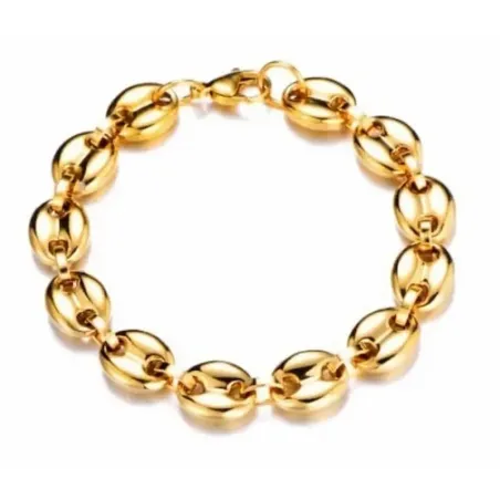 Brazalete para hombre con eslabones grandes de diseño calabrote plano con baño dorado brillante.
