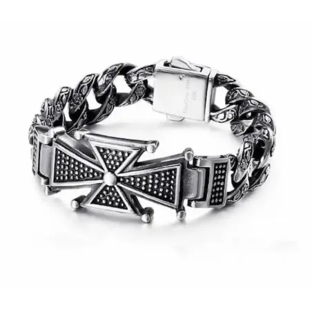 Brazalete de acero inoxidable con cruz de Malta y diseño de inspiración hip hop.