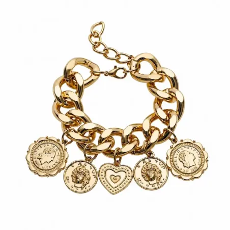 brazalete con dijes de 4 monedas y un corazón.