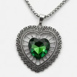 Collar con corazón y piedra central verde. Cristal facetado color esmeralda