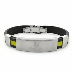 Pulsera bisutería hombre en acero y goma negra, mostrando su textura y acabado moderno sobre fondo neutro.