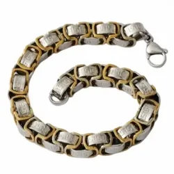 Pulsera bisutería hombre estilo bizantino en acero con tonalidades duales, mostrando su entrelazado metálico.