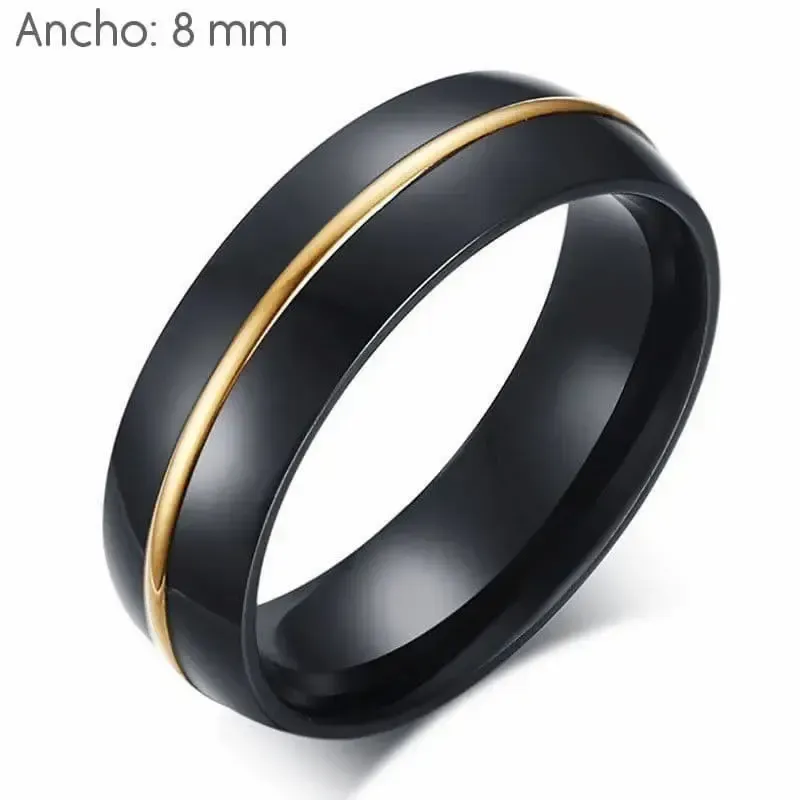 Alianza bisutería pareja negra con línea dorada 8mm acero titanio, con fondo negro