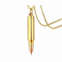 Colgante bala bisutería hombre con cadena 49cm acero dorado para cenizas, sobre fondo gris oscuro.