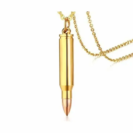 Colgante bala bisutería hombre con cadena 49cm acero dorado para cenizas, sobre fondo gris oscuro.