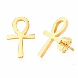 Pendientes bisutería mujer con cruz egipcia ankh 14mm chapado oro, sobre fondo arena.