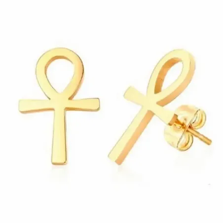 Pendientes bisutería mujer con cruz egipcia ankh 14mm chapado oro, sobre fondo arena.