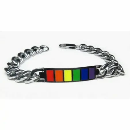 Pulsera bisutería hombre con colores arcoíris LGBT 10mm acero y esmalte, sobre fondo blanco.