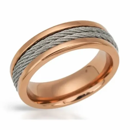 Anillo bicolor de cobre y acero inoxidable, acabado de dos tonos y superficie con textura de alambres.