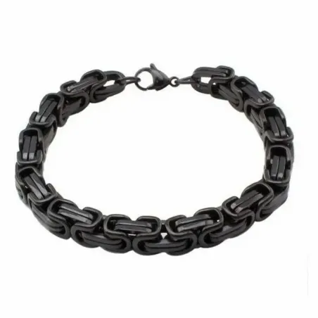 Pulsera bisutería hombre con diseño bizantino 8mm acero negro y eslabones entrelazados, sobre fondo gris.