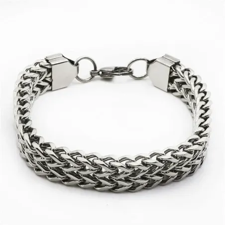 Pulsera de acero inoxidable de eslabones anchos, acabado pulido y cierre de presión.