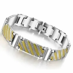 Brazalete de acero inoxidable con barras decorativas en color dorado, eslabones entrelazados y cierre de presión.