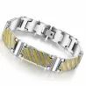 Brazalete de acero inoxidable con barras decorativas en color dorado, eslabones entrelazados y cierre de presión.