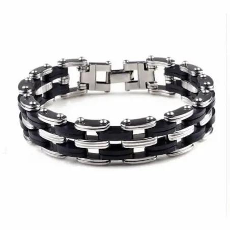 Pulsera bisutería hombre con diseño bicicleta 1,5cm acero y silicona negra, sobre fondo gris claro.
