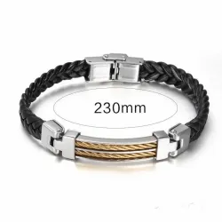 Pulsera piel alambre acero dorado 23cm | Bisujoya - Hombre estilo sofisticado