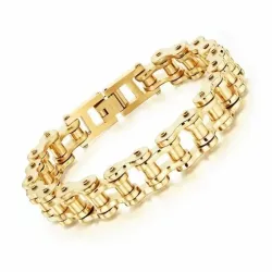 Pulsera bisutería hombre con eslabones cadena bici 1,1cm chapado oro 18K, sobre fondo gris oscuro.