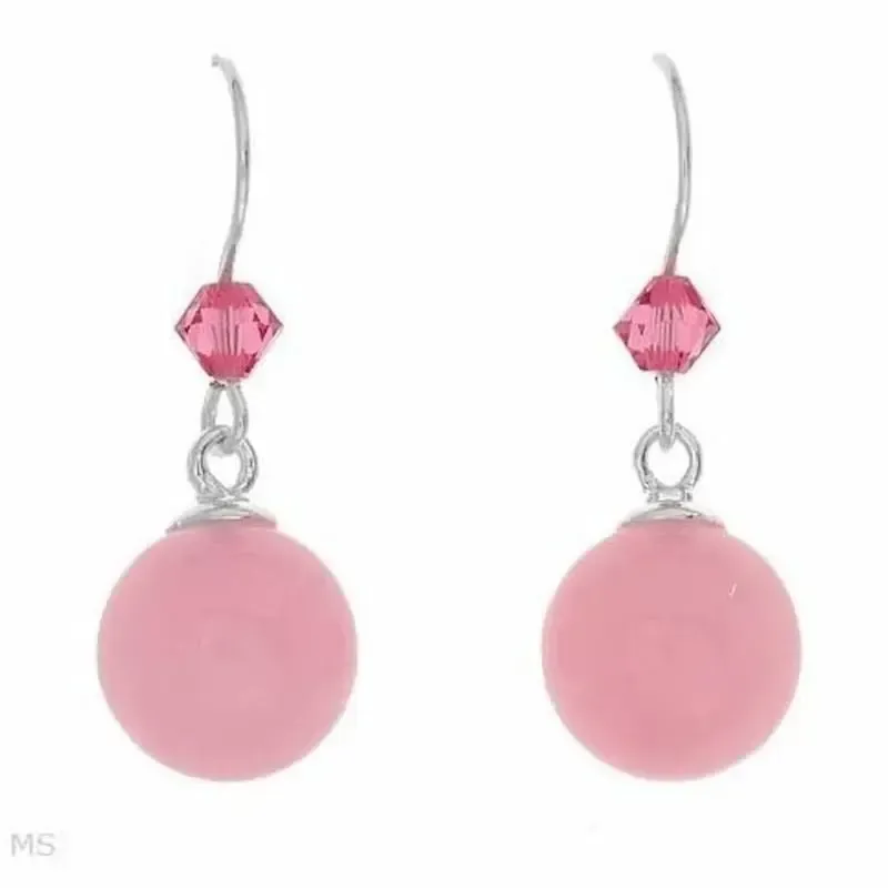 Pendientes de plata esterlina con piedra redonda rosa de 10 mm, acabado brillante y cierre de presión.