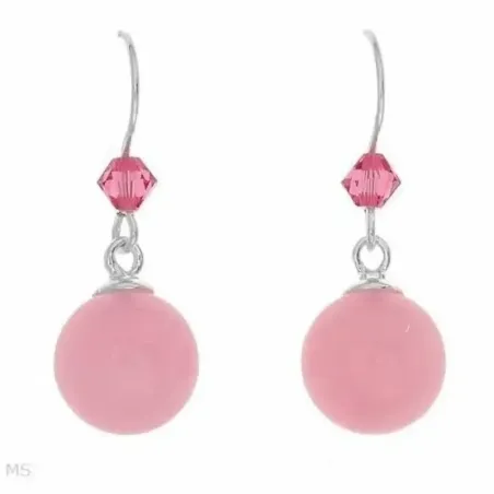 Pendientes de plata esterlina con piedra redonda rosa de 10 mm, acabado brillante y cierre de presión.
