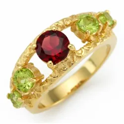 Anillo de plata esterlina 925 con piedras rojas (granate) y verdes (peridoto) incrustadas, acabado brillante.