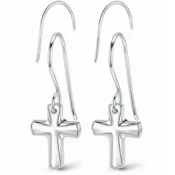 Pendientes de plata esterlina con diseño de cruz, acabado brillante y cierre de presión.