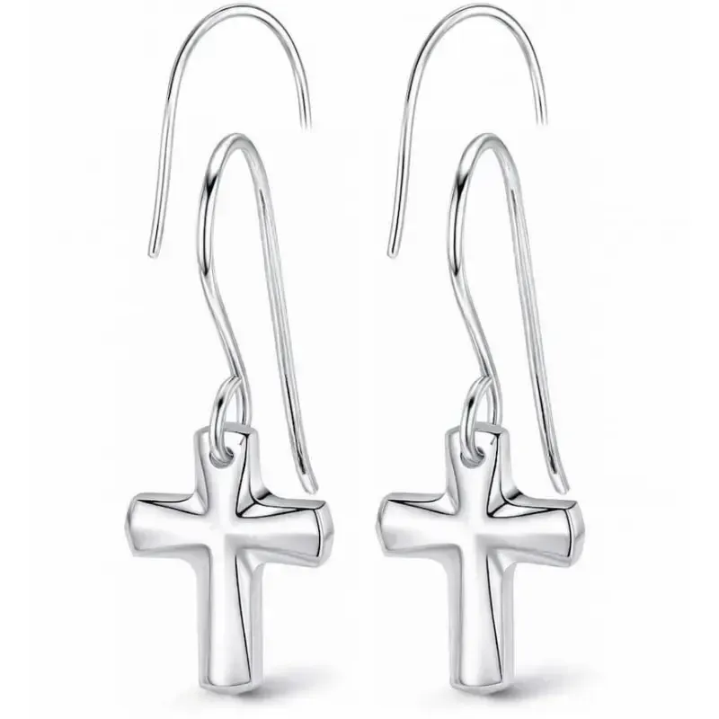 Pendientes de plata esterlina con diseño de cruz, acabado brillante y cierre de presión.