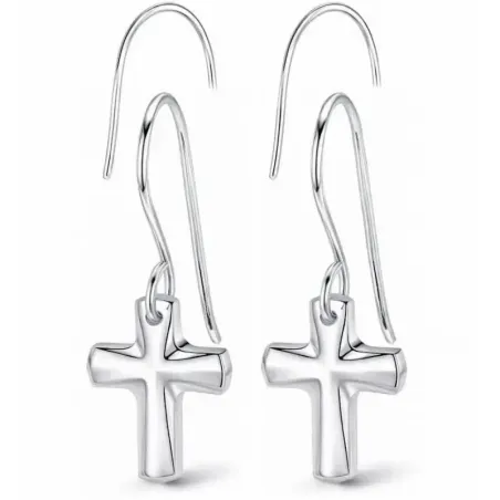 Pendientes de plata esterlina con diseño de cruz, acabado brillante y cierre de presión.