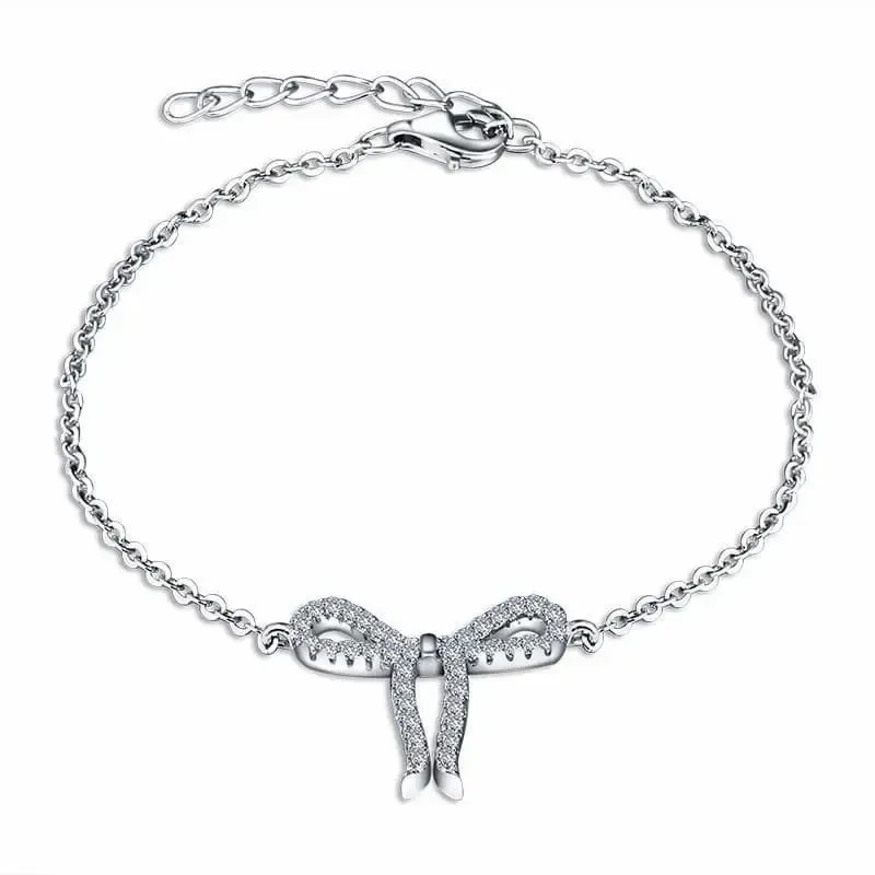 Pulsera de plata esterlina con lazo adornado con circonias blancas, cadena de 18 cm y cierre