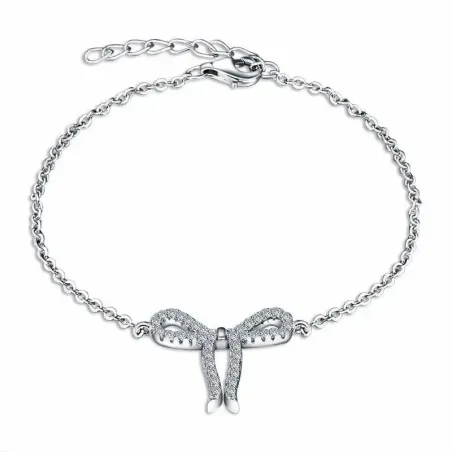 Pulsera de plata esterlina con lazo adornado con circonias blancas, cadena de 18 cm y cierre