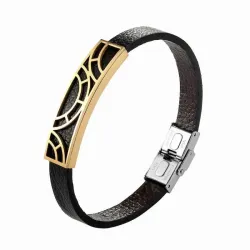Pulsera acero piel negra dorada 22cm | Bisujoya